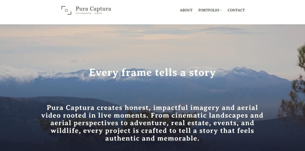 Pura Captura website homepage, photography portfolio