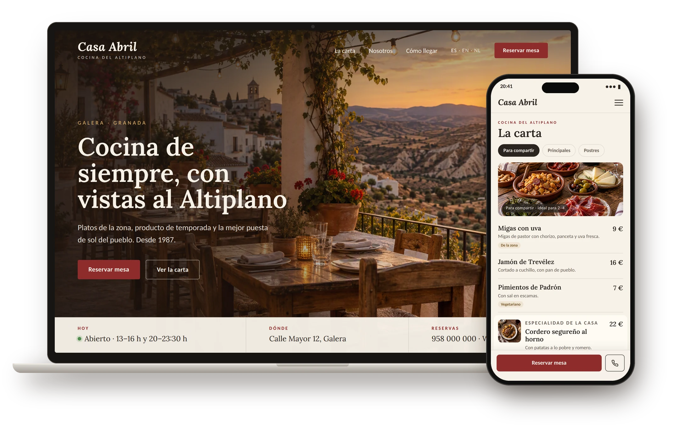 Casa Abril concept website, shown on a laptop with the homepage and on a phone with the menu